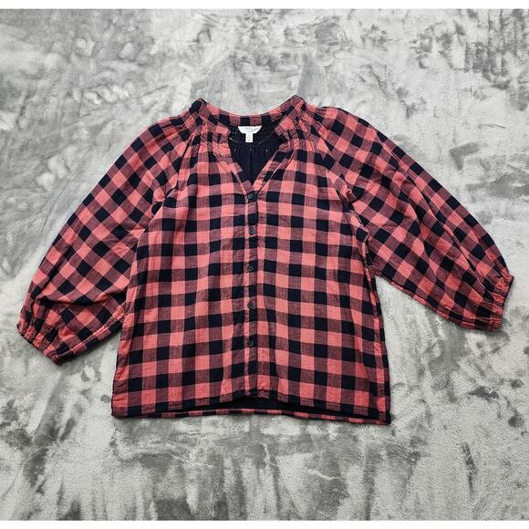 NEW Time and Tru Top Womens M Blue Pink Button Down 3/4 Puff Sleeves Peasant - Picture 1 of 9